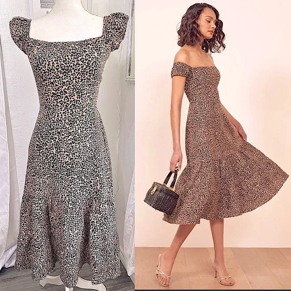 Reformation Toulouse Linen Off Shoulder Leopard Print Midi Dress size 4 - Picture 1 of 10